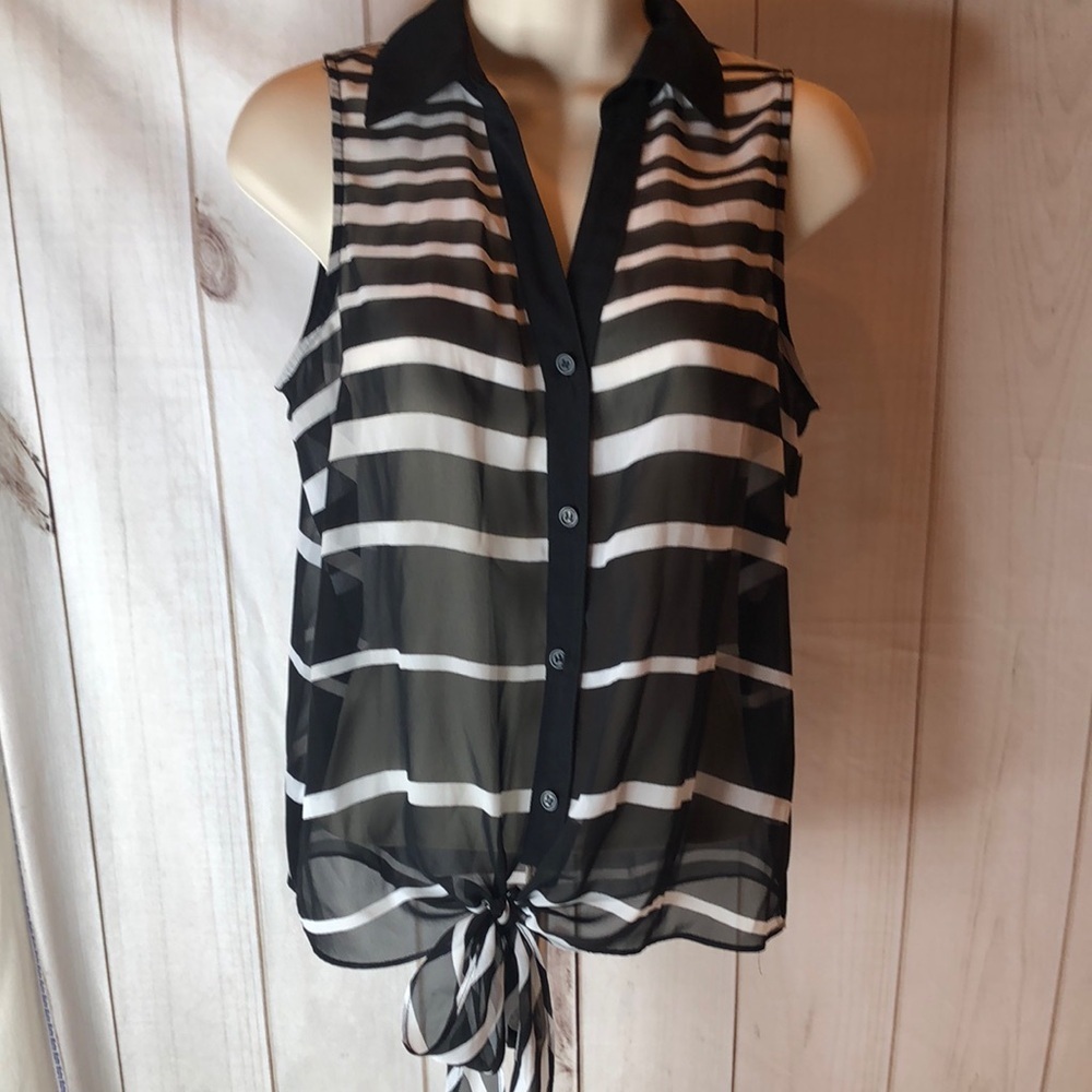 INC International Concepts Black White Striped Sheer Sleeveless Blouse Tie S
